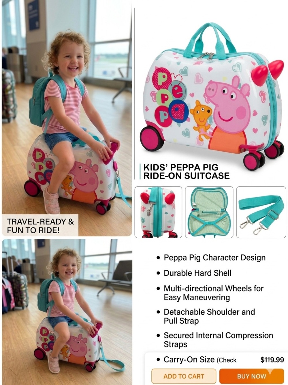 Peppa Pig Ride-On Suitcase - Pink & Aqua with Red Accents